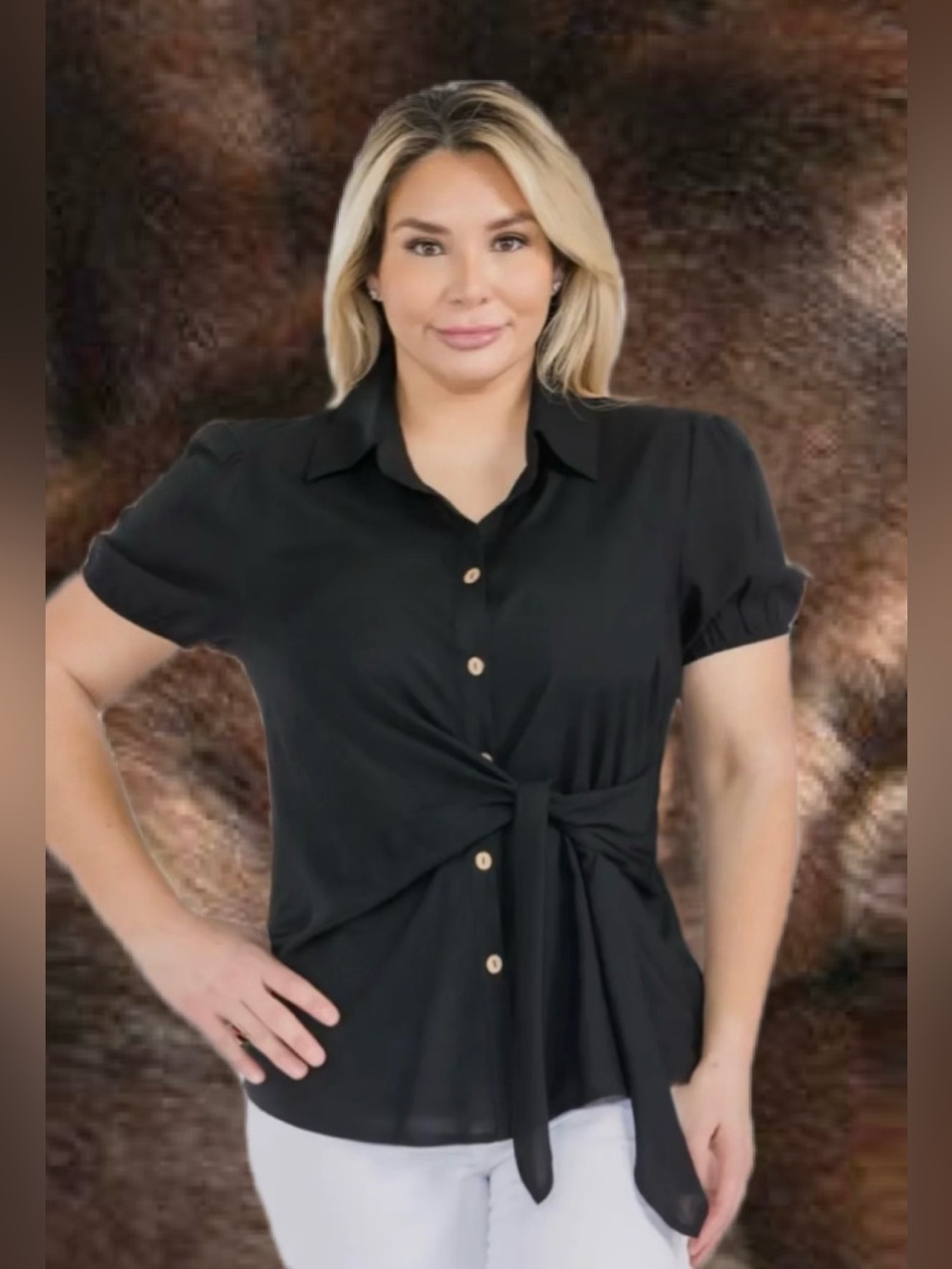 Black Collared Short-Sleeved NWOT Button-Down Shirt w/Assymetrical Side-Tie Knot